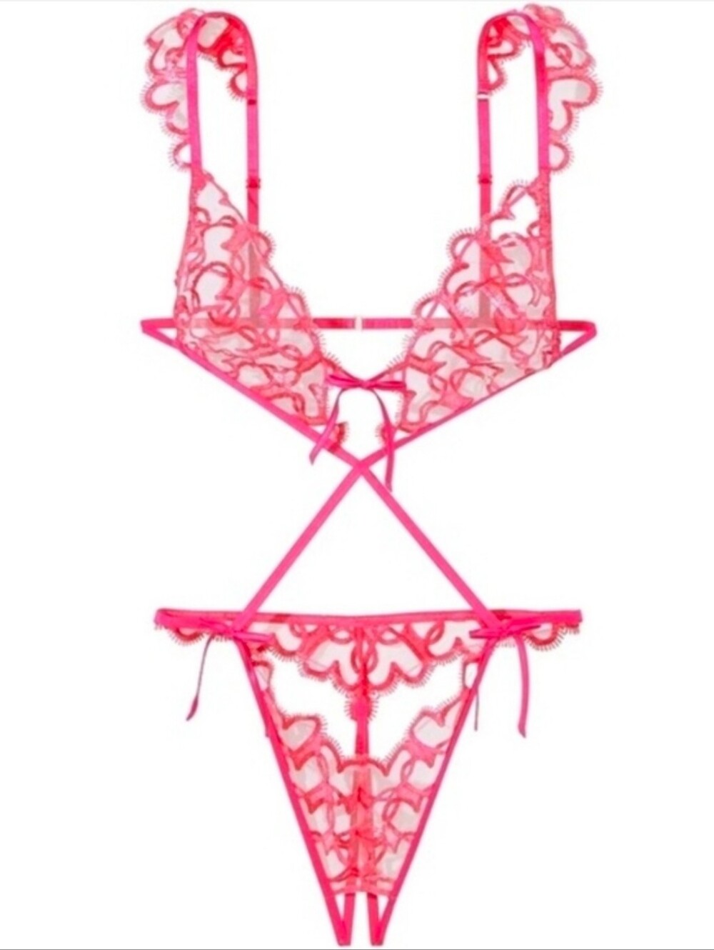Victoria's Secret Very Sexy Unlined Shimmer Heart Embroidery Crotchless Teddy S